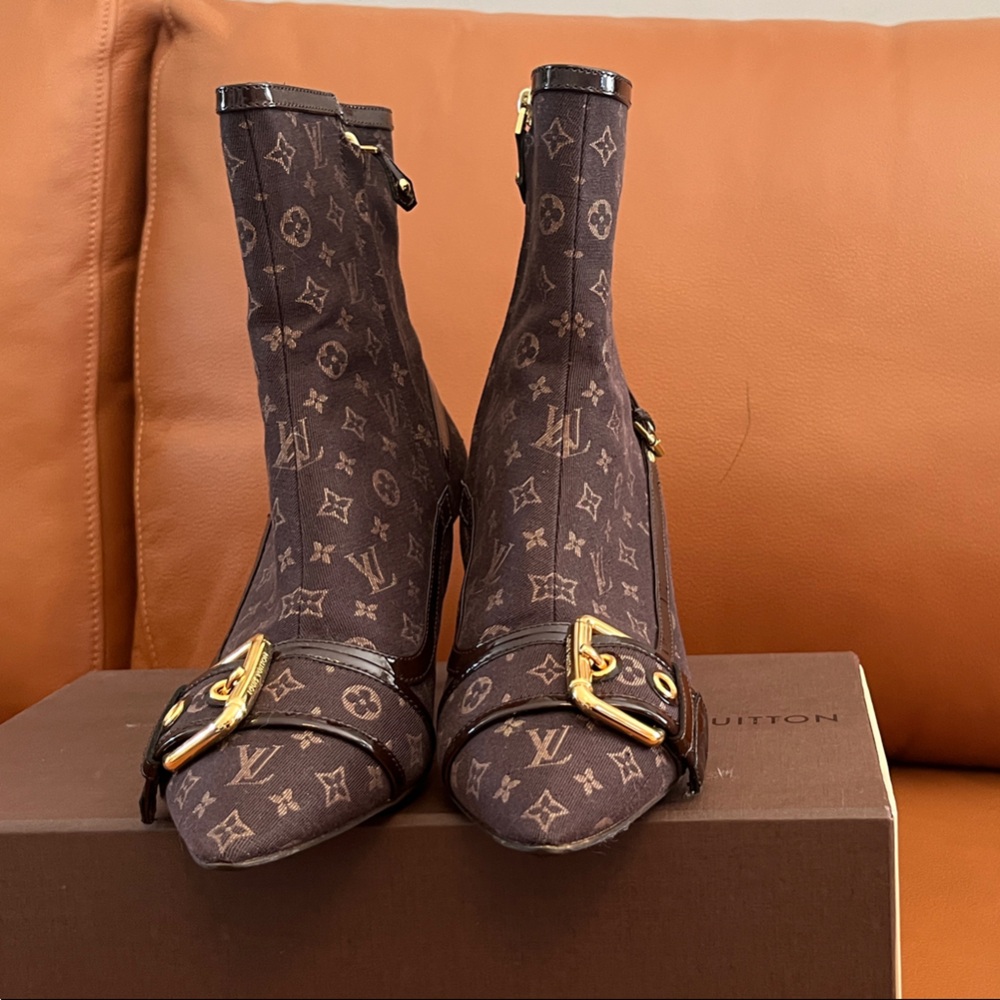 Vintage Louis Vuitton Mini Mono Boots with Gold Accents & Patent Leather Trim